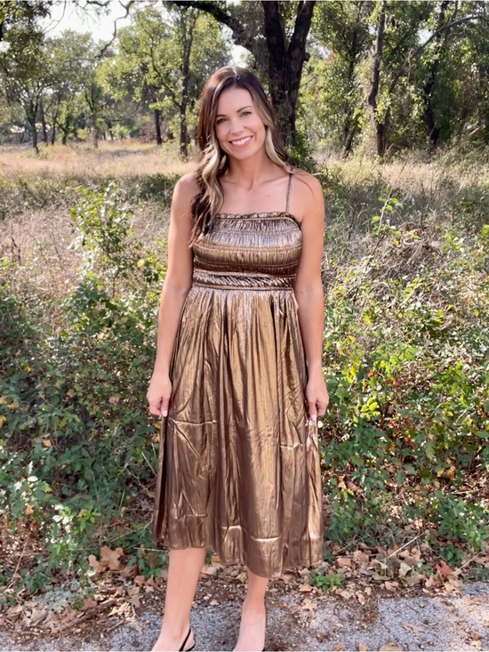 idem ditto Dresses & Skirts - Strappy Metallic Gold Midi Dress with Smocked Bodice